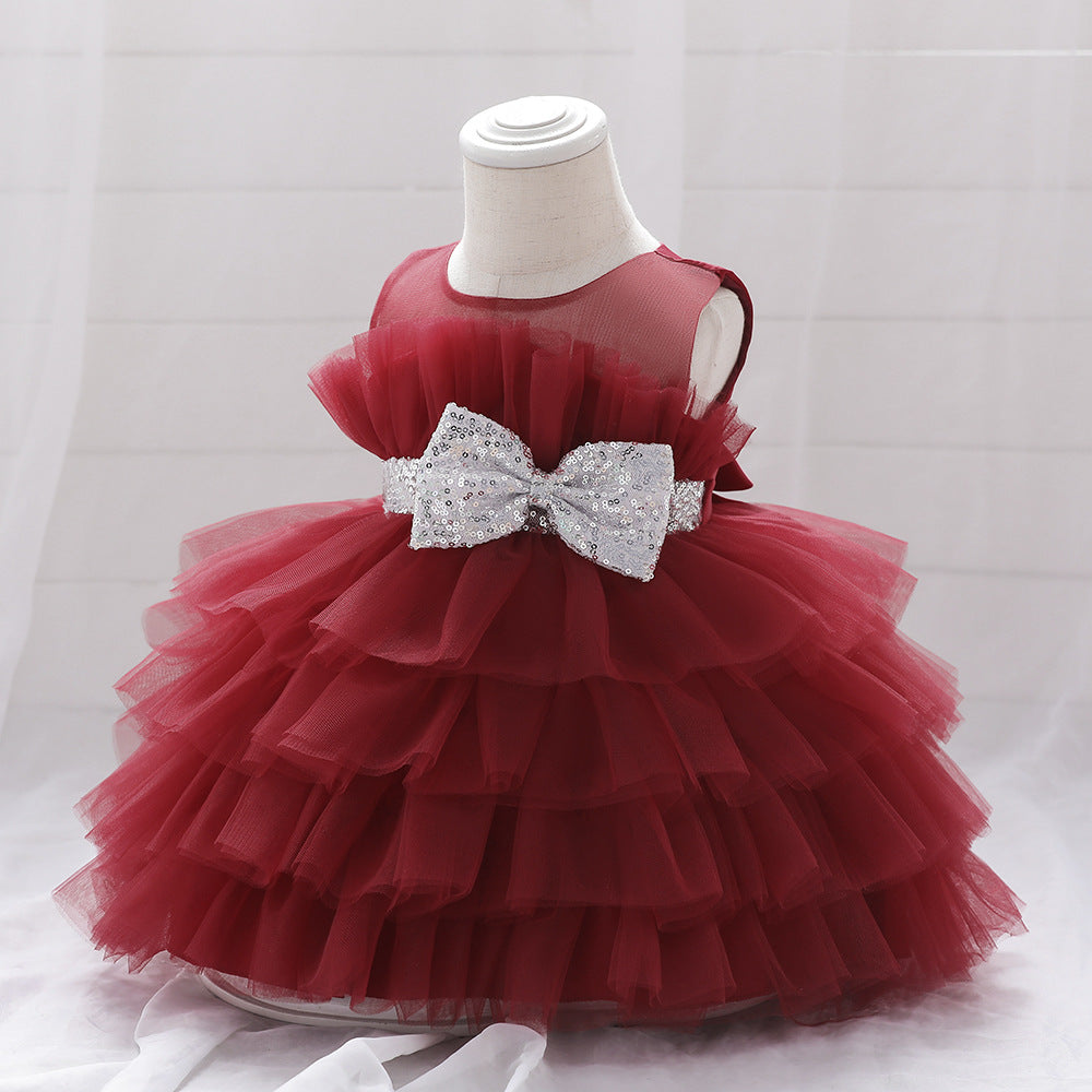 Sequin Bow Puffy Tulle Ball Gown Dress for Girls | Off Shoulder Kids Birthday Dress
