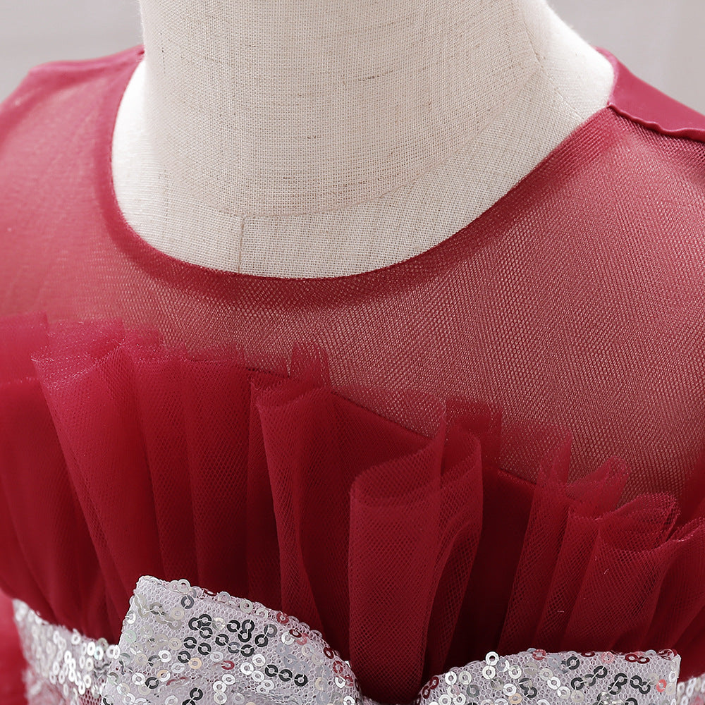 Sequin Bow Puffy Tulle Ball Gown Dress for Girls | Off Shoulder Kids Birthday Dress