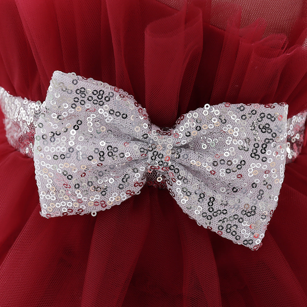 Sequin Bow Puffy Tulle Ball Gown Dress for Girls | Off Shoulder Kids Birthday Dress