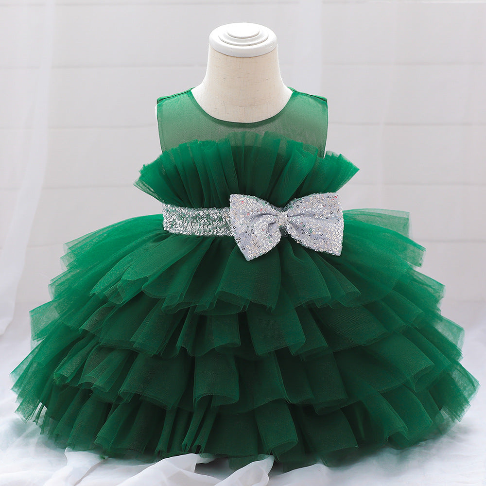 Sequin Bow Puffy Tulle Ball Gown Dress for Girls | Off Shoulder Kids Birthday Dress