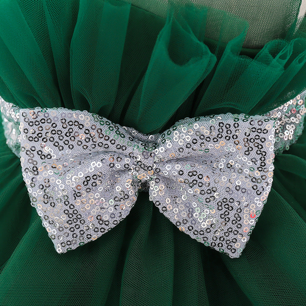 Sequin Bow Puffy Tulle Ball Gown Dress for Girls | Off Shoulder Kids Birthday Dress