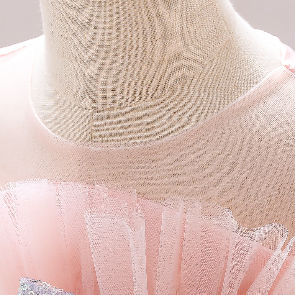 Sequin Bow Puffy Tulle Ball Gown Dress for Girls | Off Shoulder Kids Birthday Dress