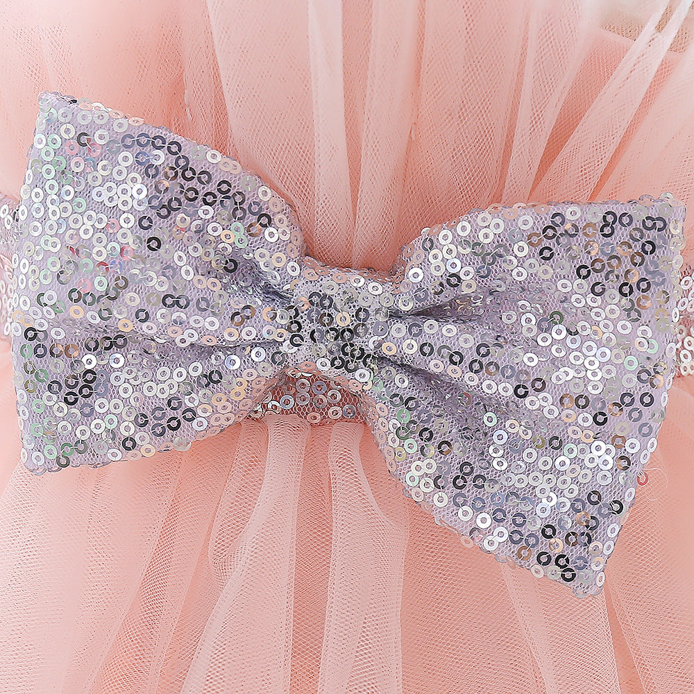 Sequin Bow Puffy Tulle Ball Gown Dress for Girls | Off Shoulder Kids Birthday Dress