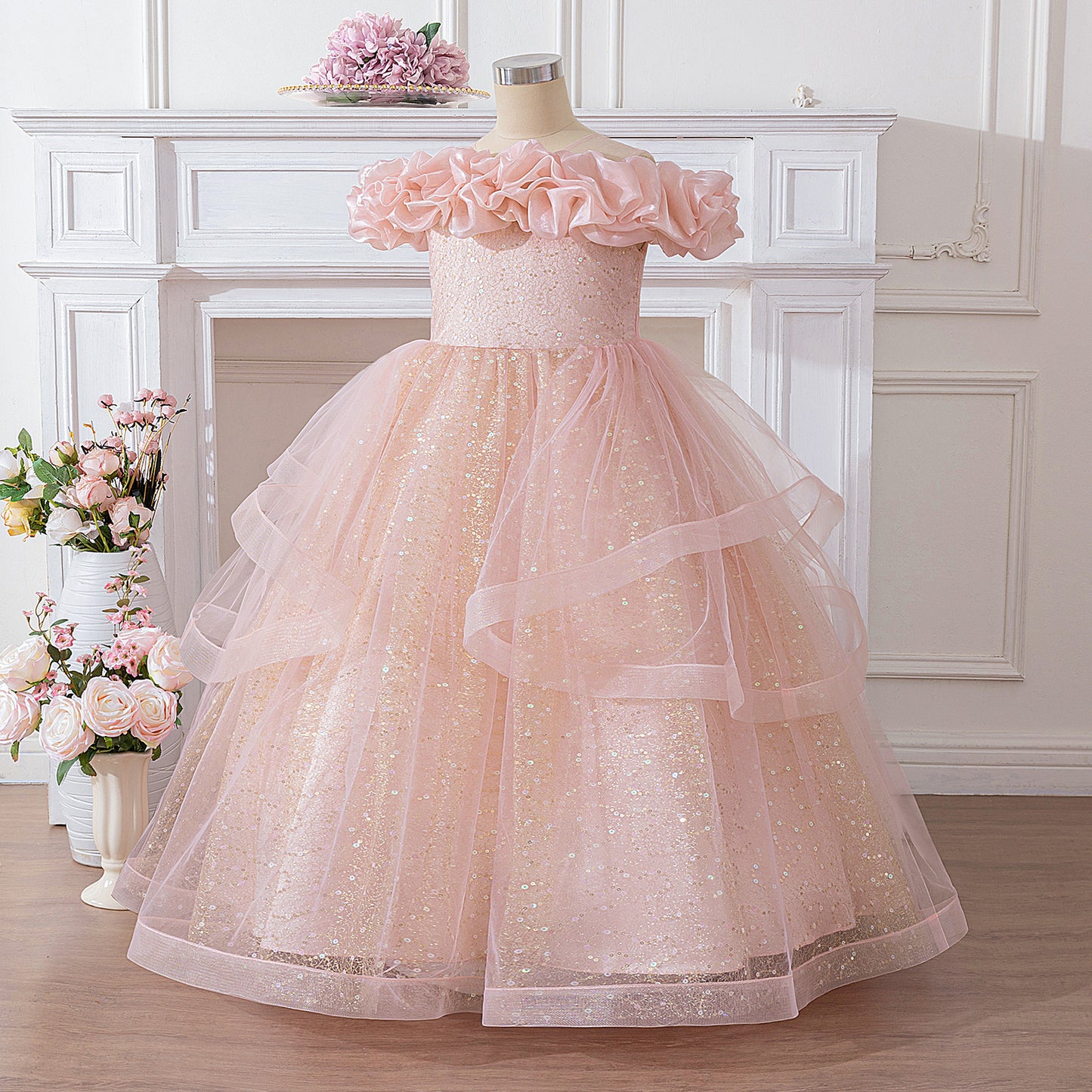Light Pink Sequin Maxi Dress for Girls – Off Shoulder A-Line Party Gown