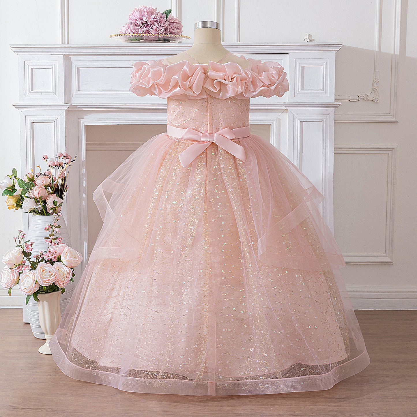 Light Pink Sequin Maxi Dress for Girls – Off Shoulder A-Line Party Gown