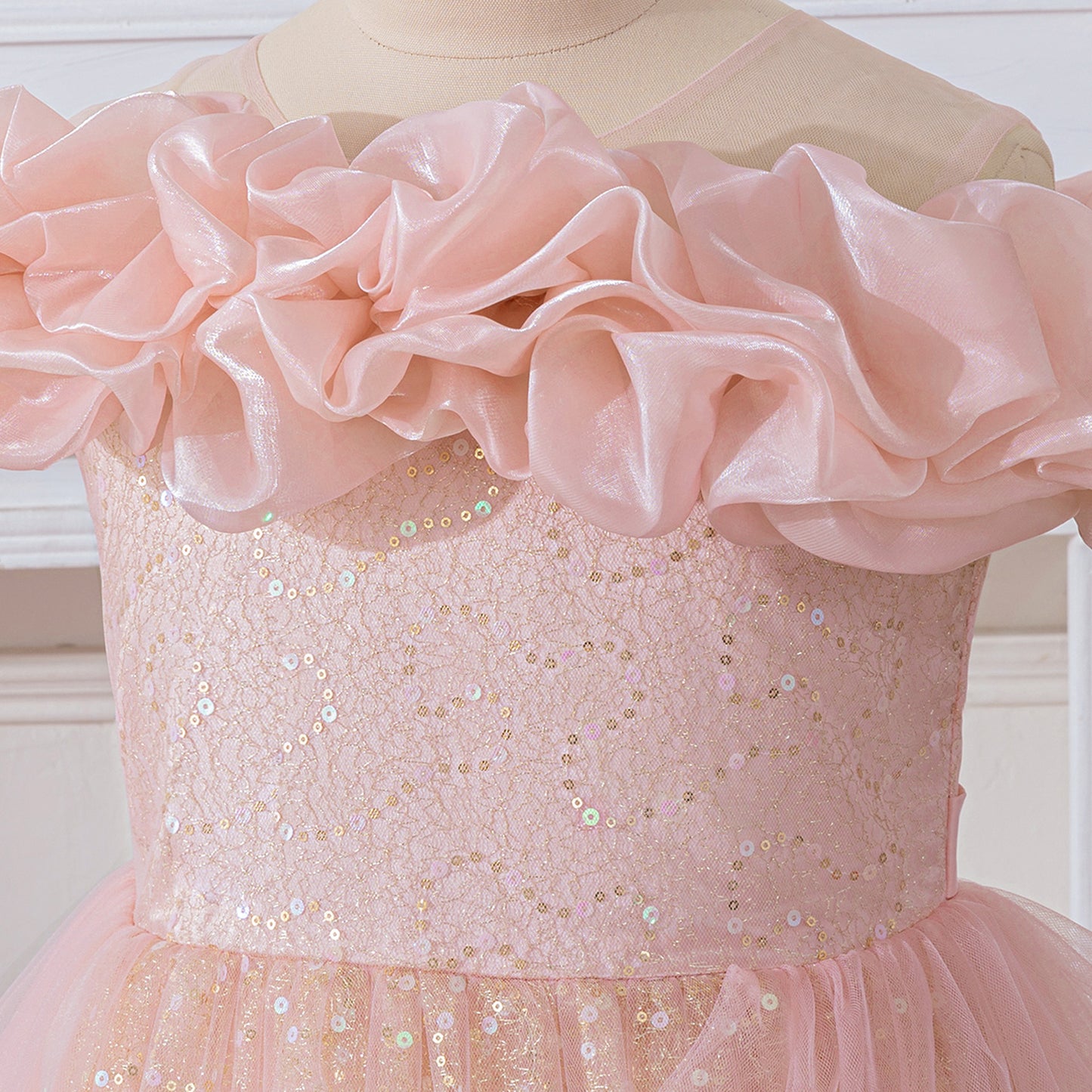 Light Pink Sequin Maxi Dress for Girls – Off Shoulder A-Line Party Gown
