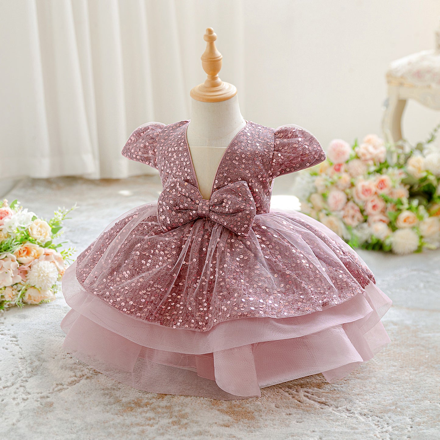 Pink Sequin Puffy Ball Gown Flower Girl Dress with Bow – For Toddler & Little Girls