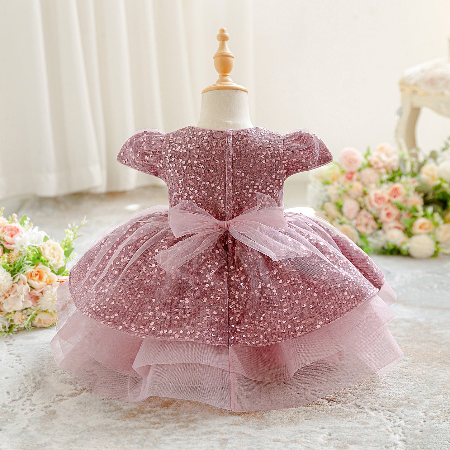 Pink Sequin Puffy Ball Gown Flower Girl Dress with Bow – For Toddler & Little Girls