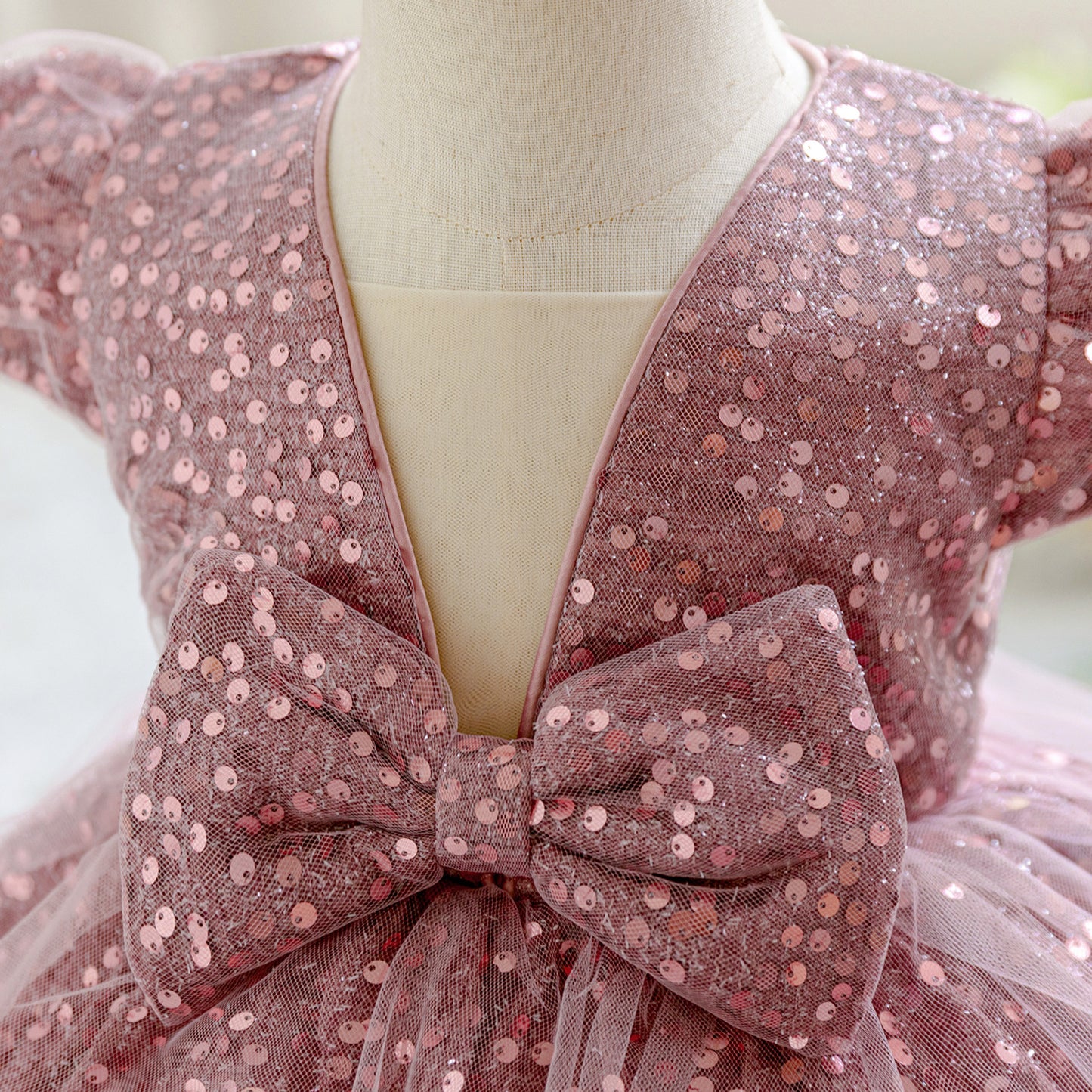 Pink Sequin Puffy Ball Gown Flower Girl Dress with Bow – For Toddler & Little Girls