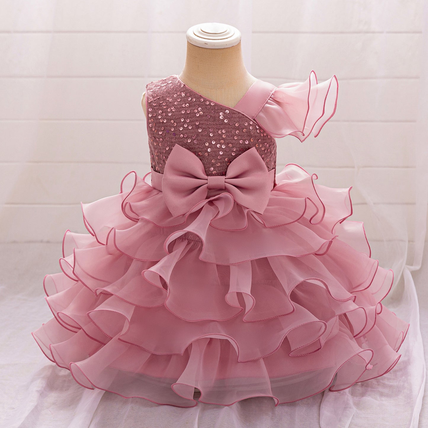 Pink Sequin Puffy Sleeve Ball Gown Dress for Girls - Party, Wedding, Flower Girl