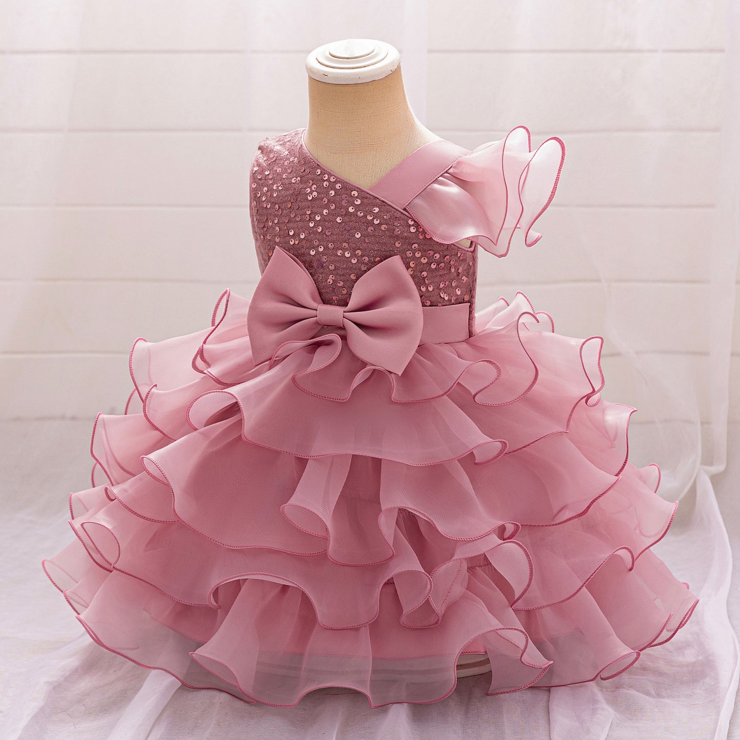 Pink Sequin Puffy Sleeve Ball Gown Dress for Girls - Party, Wedding, Flower Girl