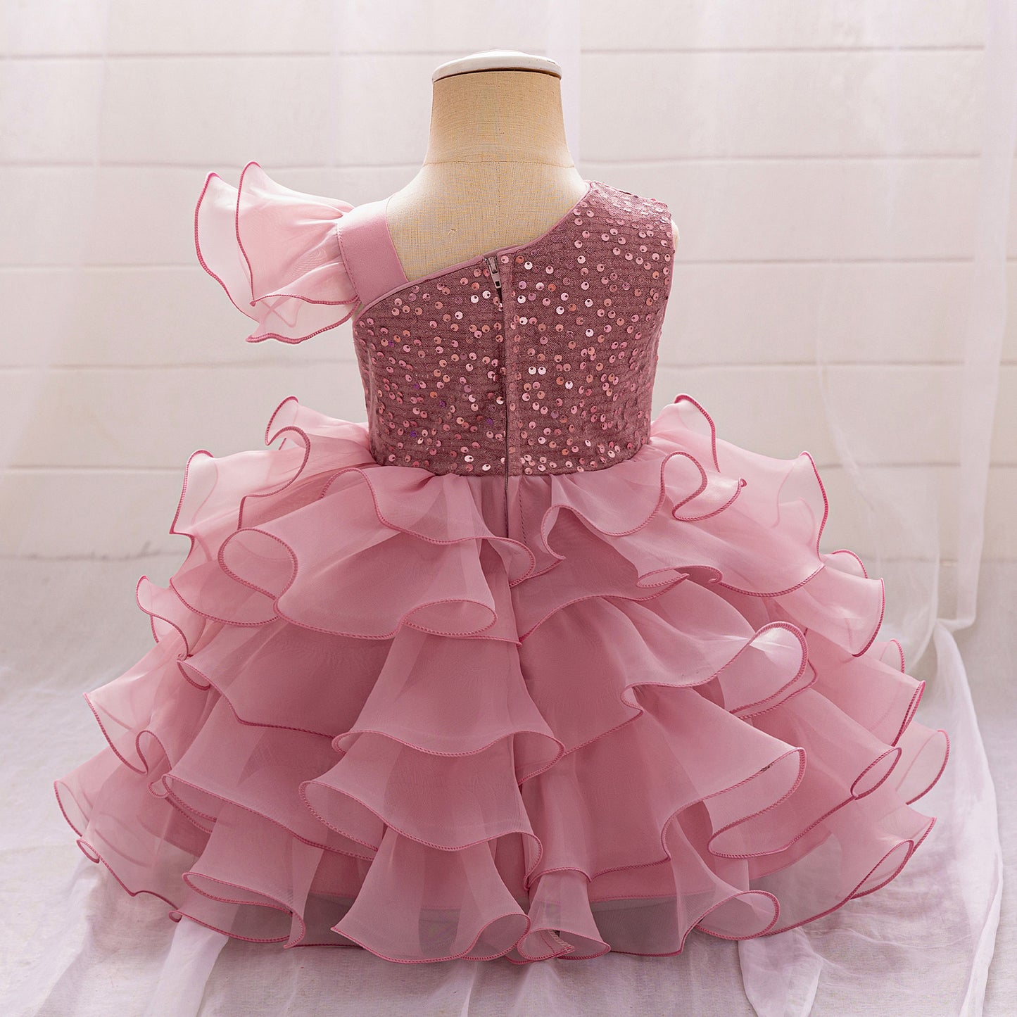 Pink Sequin Puffy Sleeve Ball Gown Dress for Girls - Party, Wedding, Flower Girl