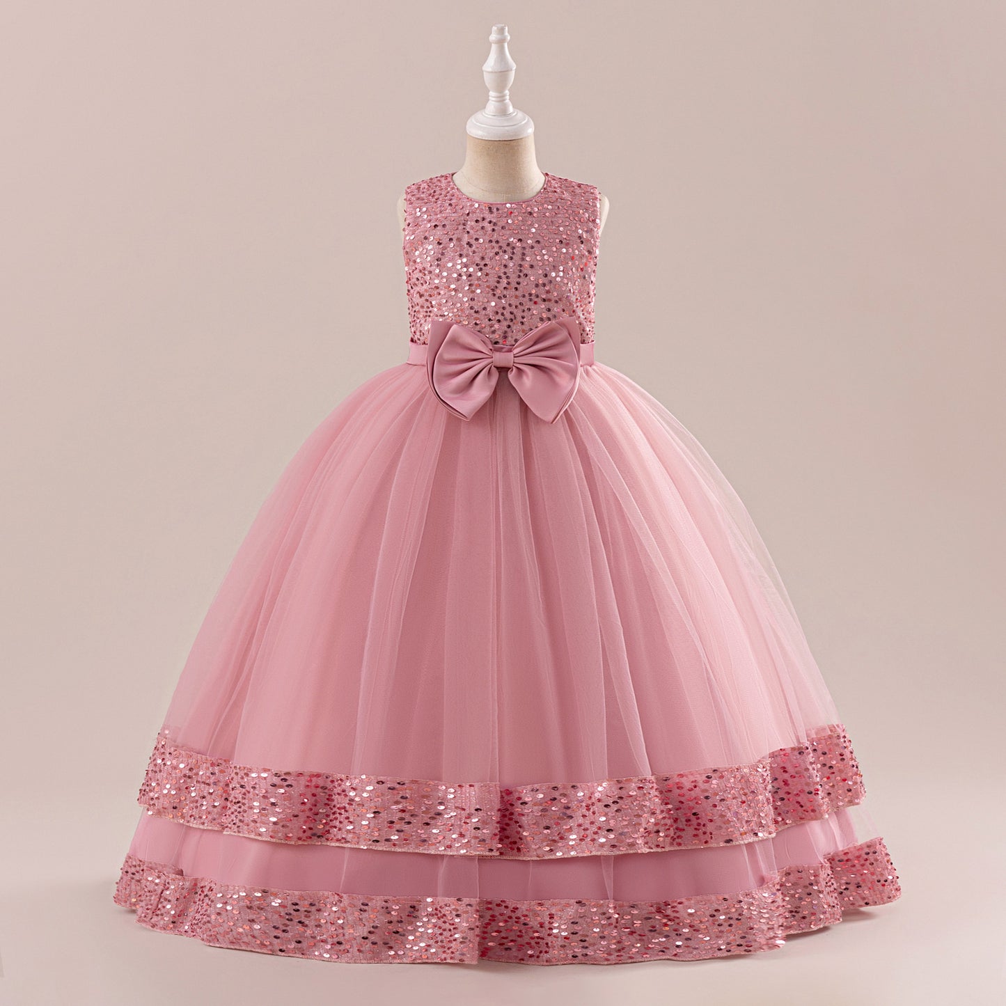 Girls' Sequin Tulle Maxi Dress with Bowknot – Party & Formal A-line Gown