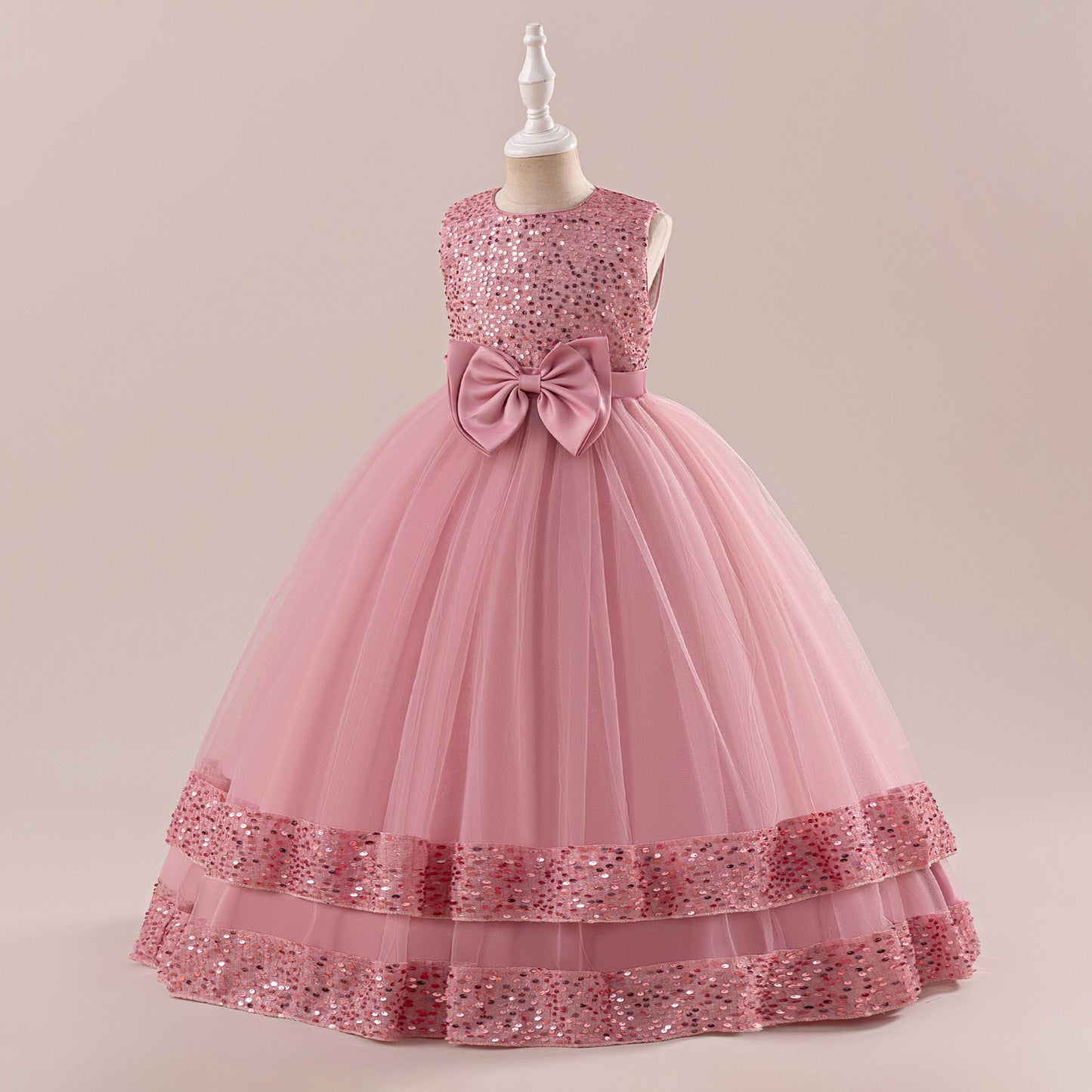 Girls' Sequin Tulle Maxi Dress with Bowknot – Party & Formal A-line Gown