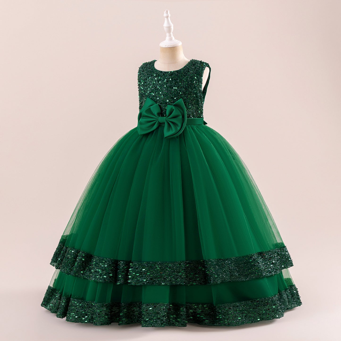 Girls' Sequin Tulle Maxi Dress with Bowknot – Party & Formal A-line Gown