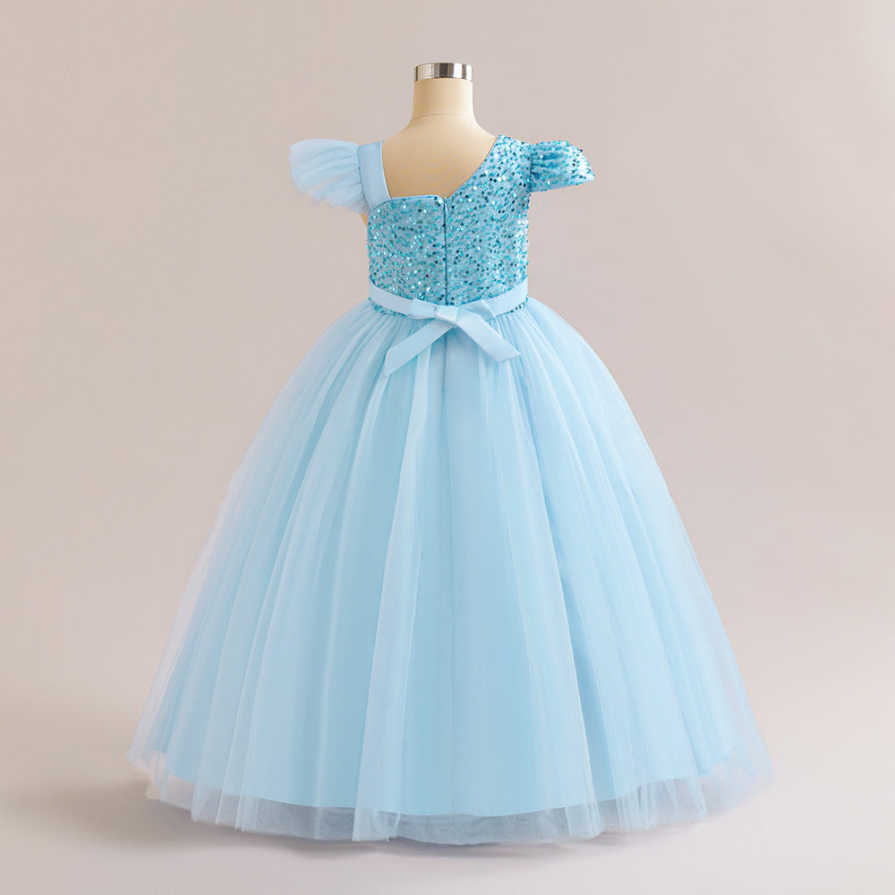 Sequin Tulle Maxi Party Dress for Girls with Bow & Flutter Sleeves