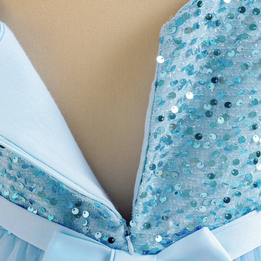Sequin Tulle Maxi Party Dress for Girls with Bow & Flutter Sleeves