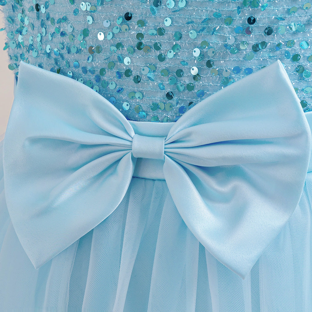 Sequin Tulle Maxi Party Dress for Girls with Bow & Flutter Sleeves