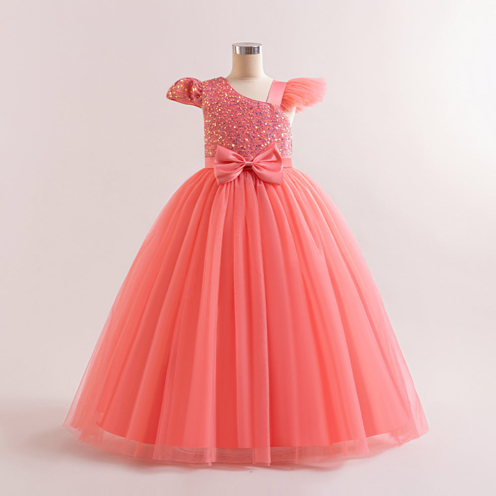 Sequin Tulle Maxi Party Dress for Girls with Bow & Flutter Sleeves