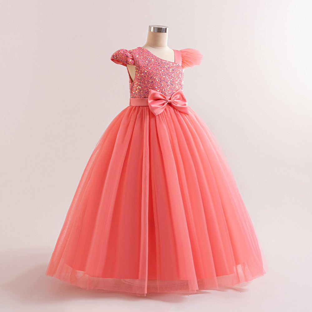 Sequin Tulle Maxi Party Dress for Girls with Bow & Flutter Sleeves