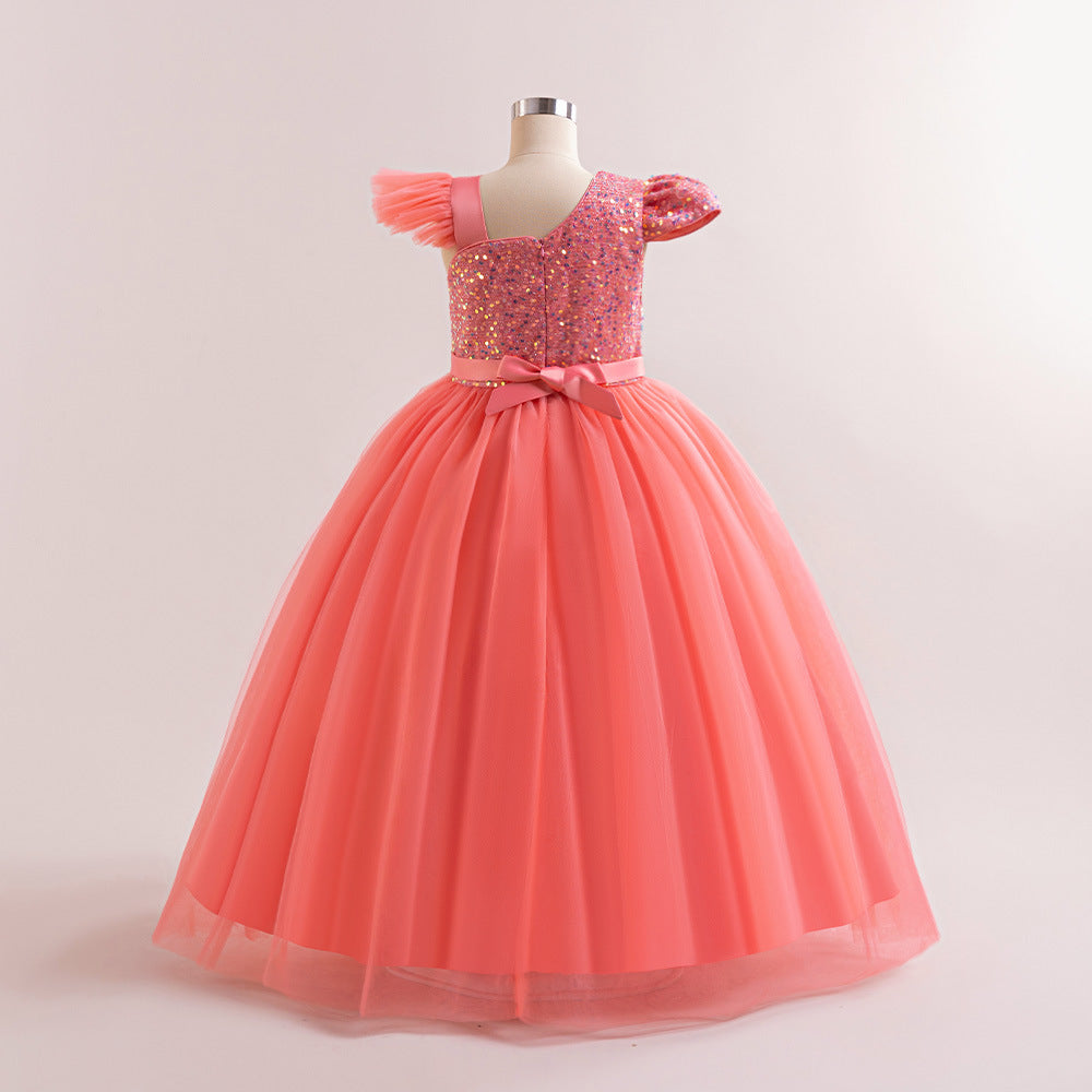 Sequin Tulle Maxi Party Dress for Girls with Bow & Flutter Sleeves