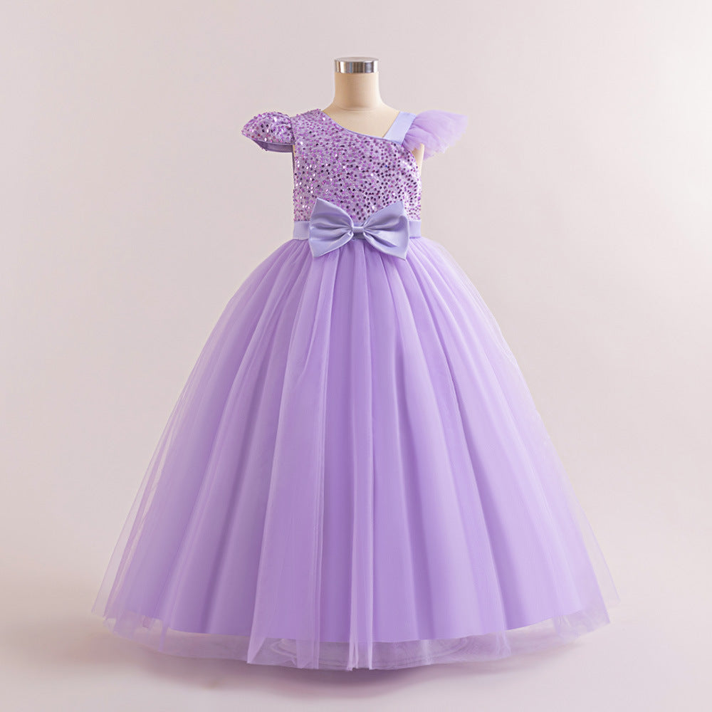 Sequin Tulle Maxi Party Dress for Girls with Bow & Flutter Sleeves