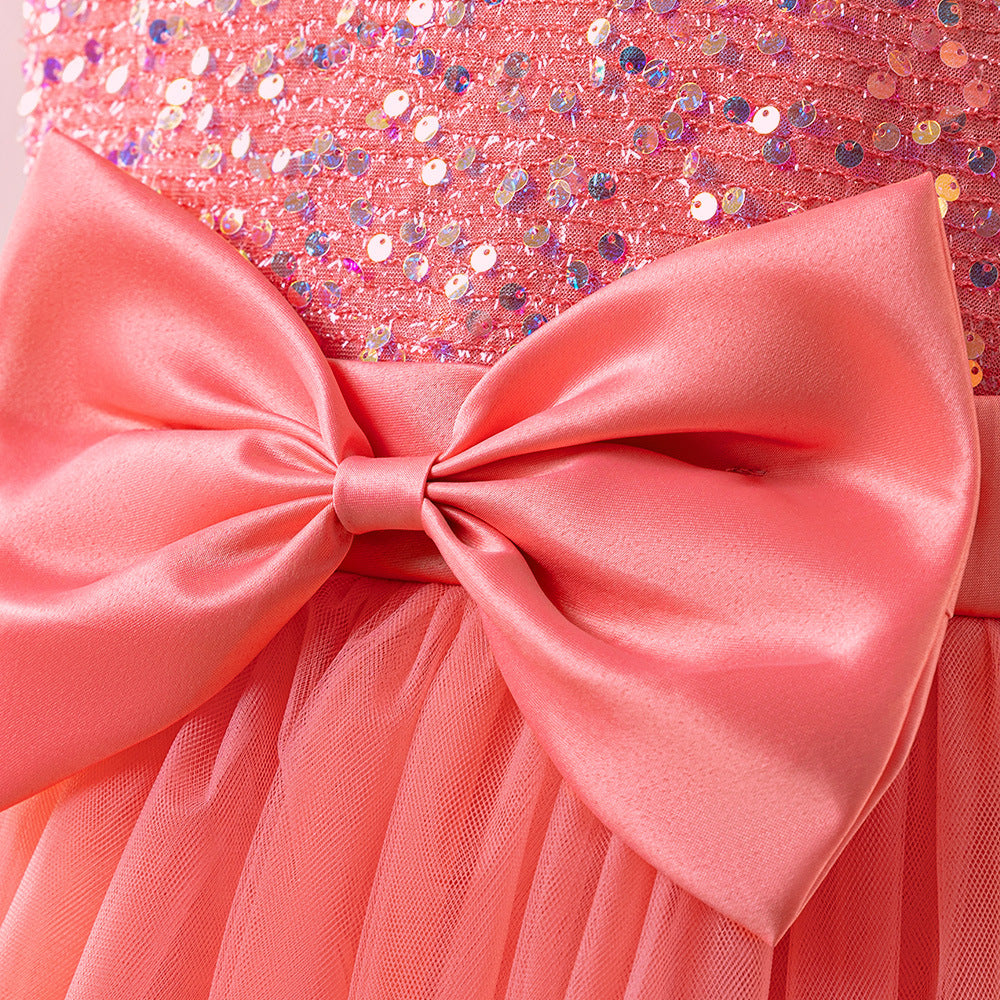Sequin Tulle Maxi Party Dress for Girls with Bow & Flutter Sleeves