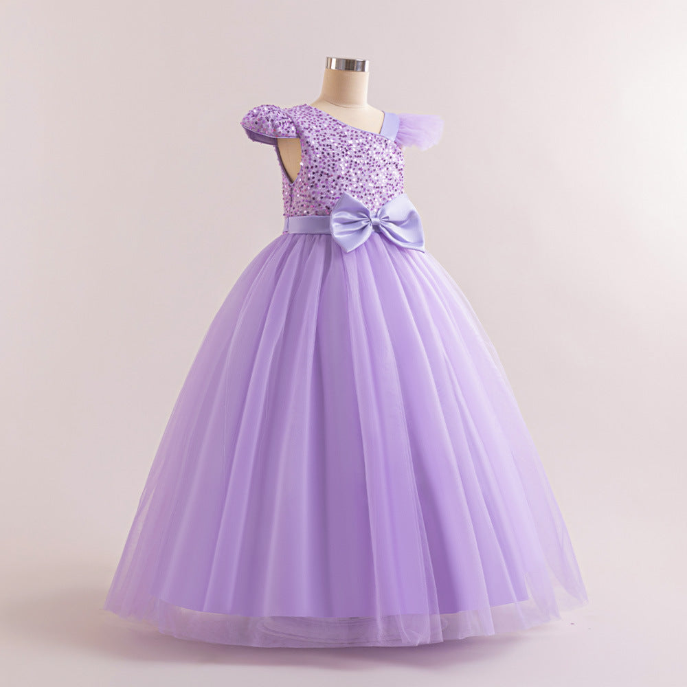 Sequin Tulle Maxi Party Dress for Girls with Bow & Flutter Sleeves