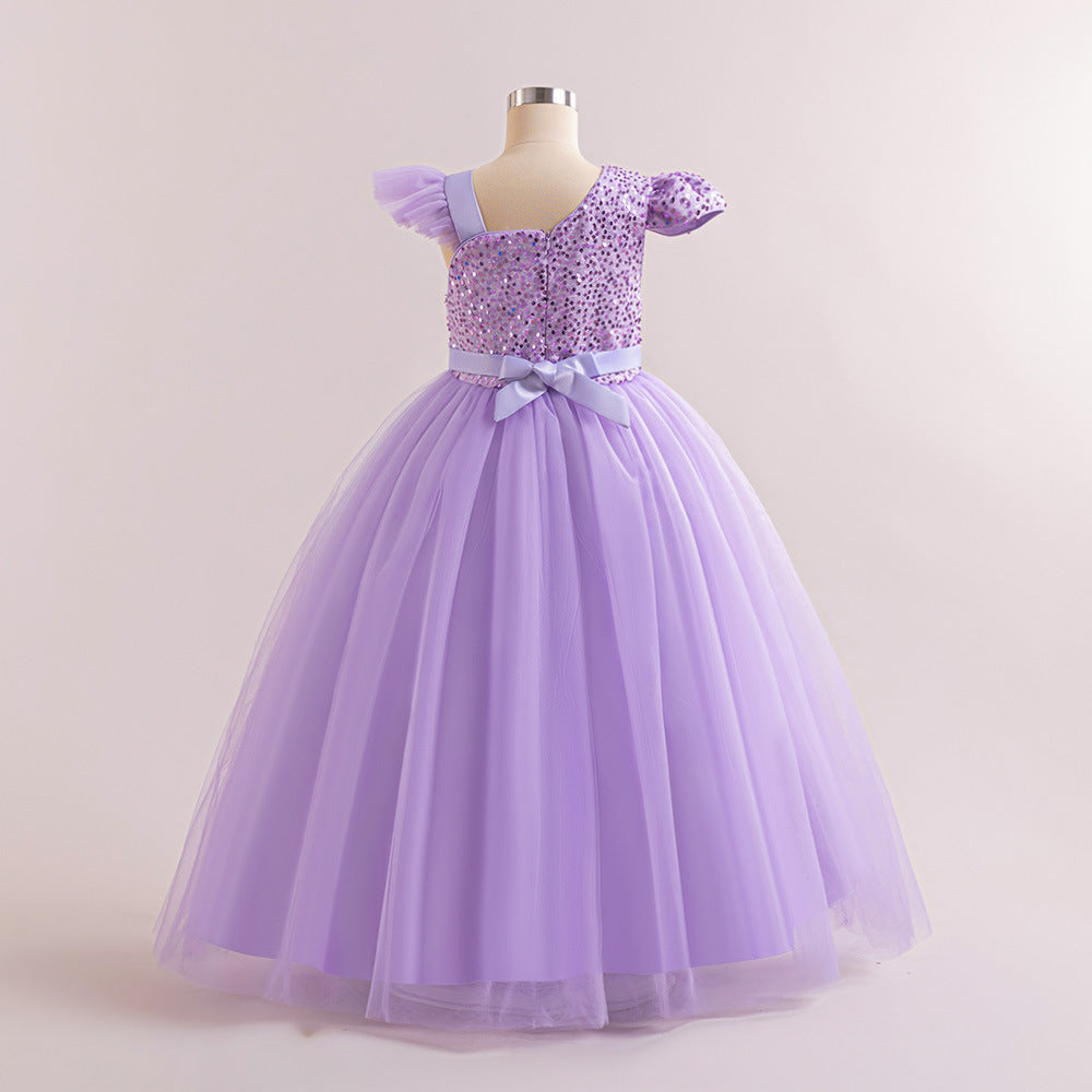 Sequin Tulle Maxi Party Dress for Girls with Bow & Flutter Sleeves