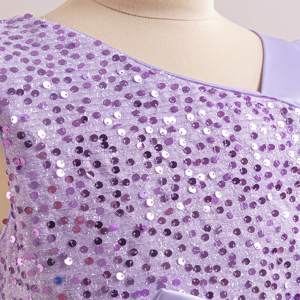Sequin Tulle Maxi Party Dress for Girls with Bow & Flutter Sleeves