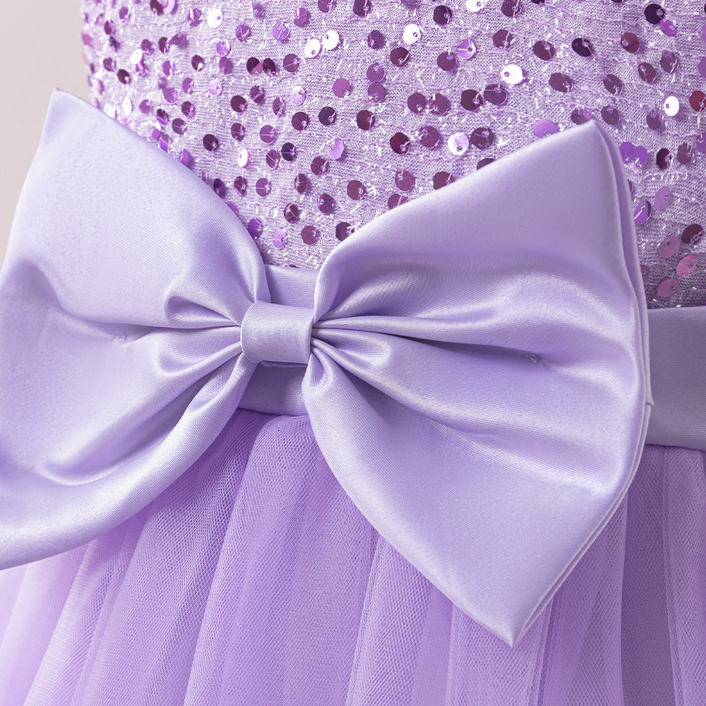 Sequin Tulle Maxi Party Dress for Girls with Bow & Flutter Sleeves