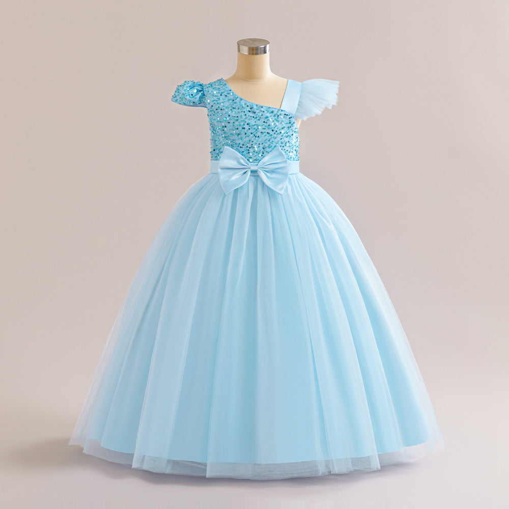 Sequin Tulle Maxi Party Dress for Girls with Bow & Flutter Sleeves