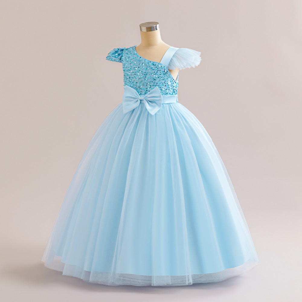 Sequin Tulle Maxi Party Dress for Girls with Bow & Flutter Sleeves