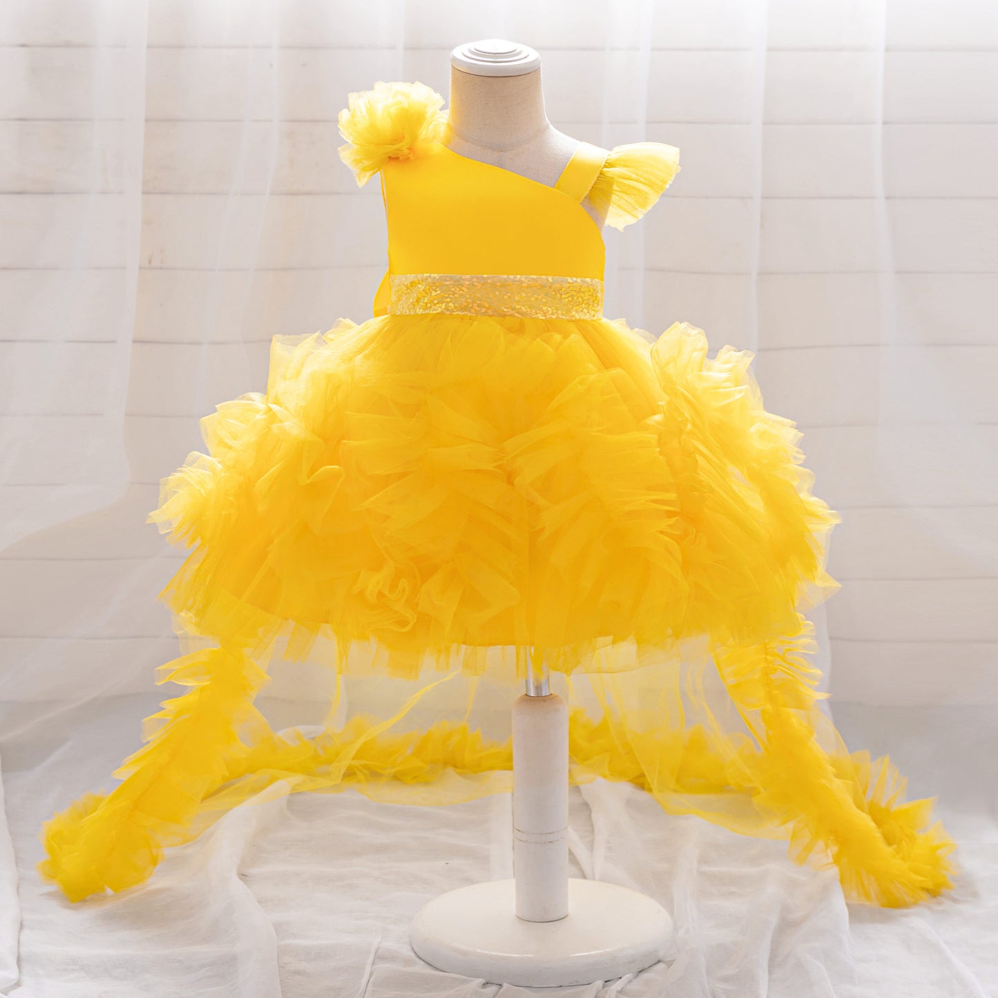 Puffy Tulle Princess Dress with Detachable Train for Girls | Sequin & Bowknot Gown