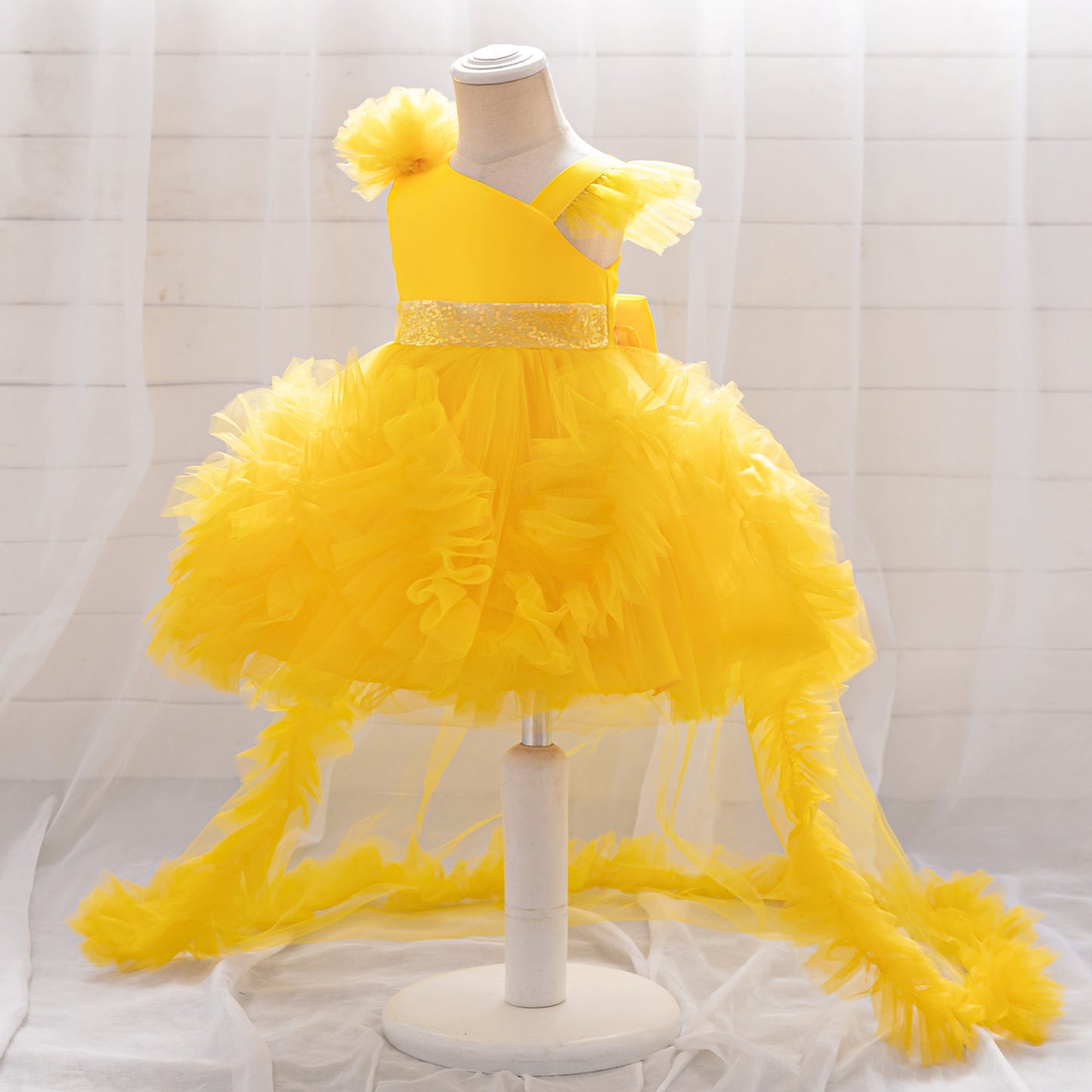 Puffy Tulle Princess Dress with Detachable Train for Girls | Sequin & Bowknot Gown