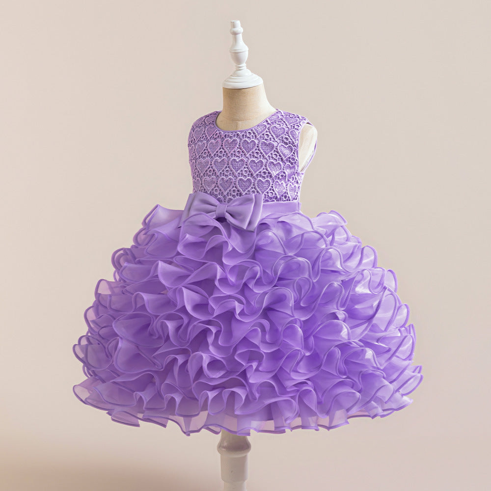 Cute Sleeveless Tiered Ball Gown Dress with Bowknot for Girls | Lace Princess Party Dress