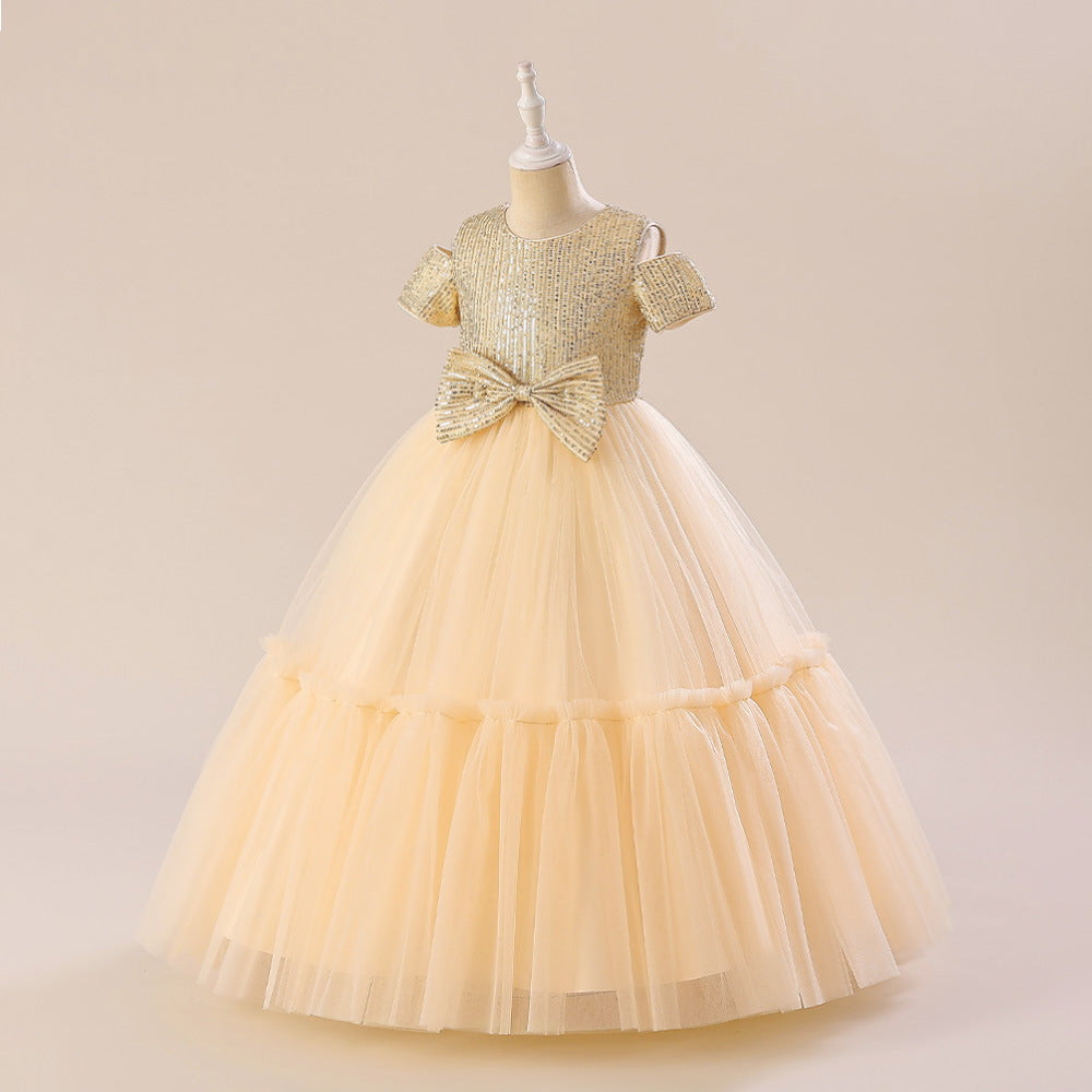 Sparkling Princess Maxi Dress for Girls with Sequins and Bow | A-line Kids Formal Gown