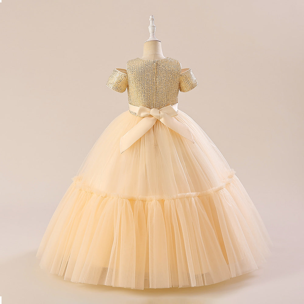 Sparkling Princess Maxi Dress for Girls with Sequins and Bow | A-line Kids Formal Gown