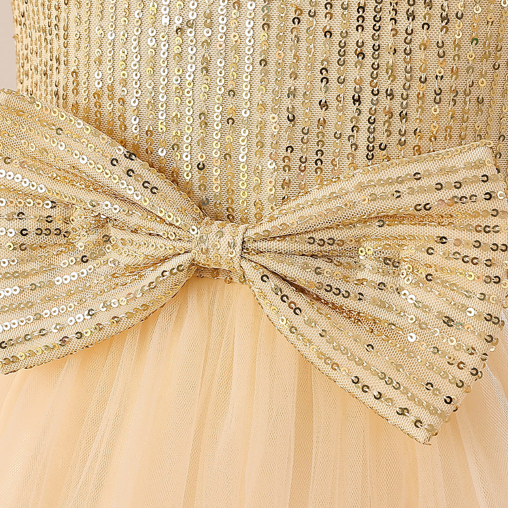 Sparkling Princess Maxi Dress for Girls with Sequins and Bow | A-line Kids Formal Gown