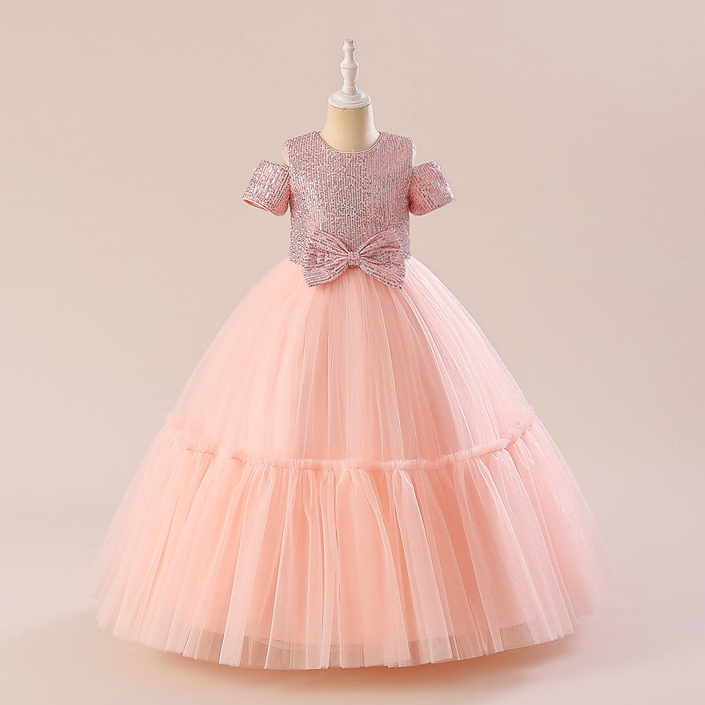 Sparkling Princess Maxi Dress for Girls with Sequins and Bow | A-line Kids Formal Gown