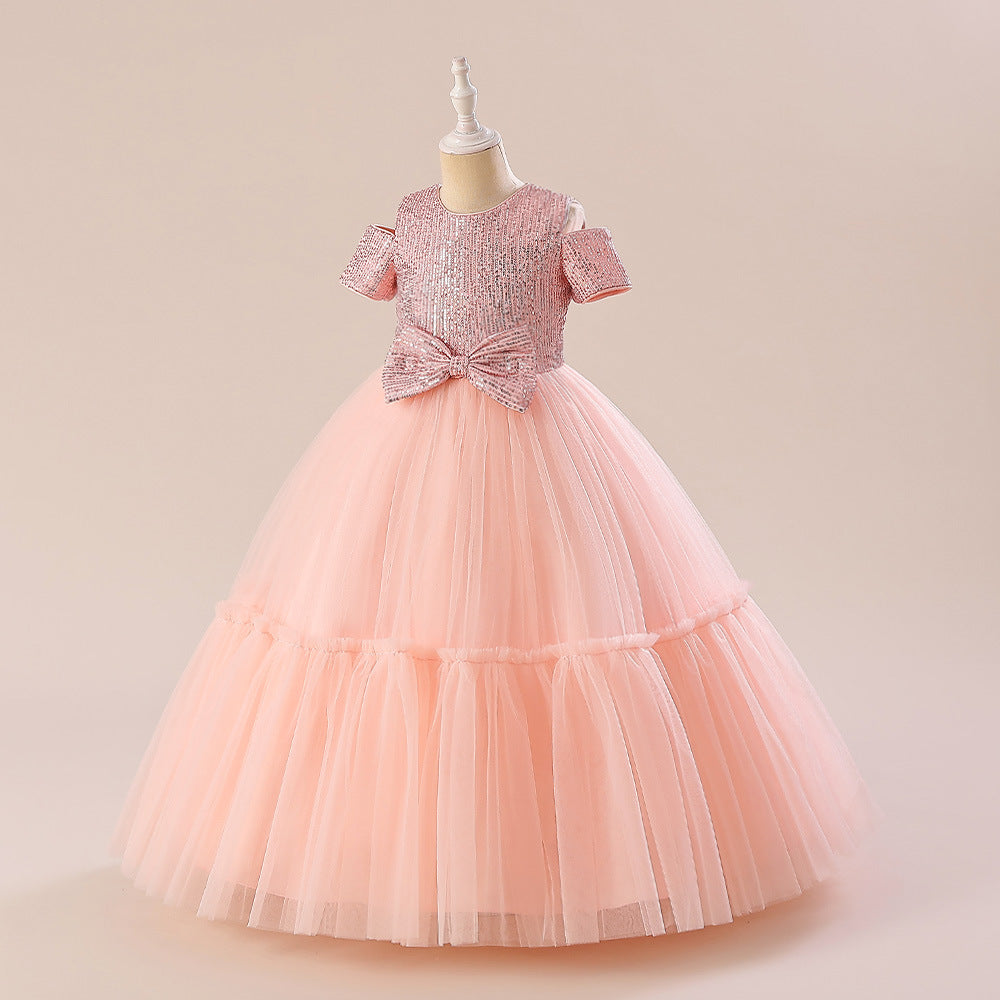 Sparkling Princess Maxi Dress for Girls with Sequins and Bow | A-line Kids Formal Gown
