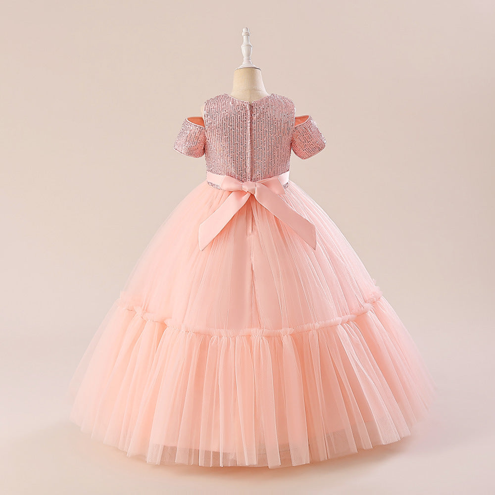Sparkling Princess Maxi Dress for Girls with Sequins and Bow | A-line Kids Formal Gown