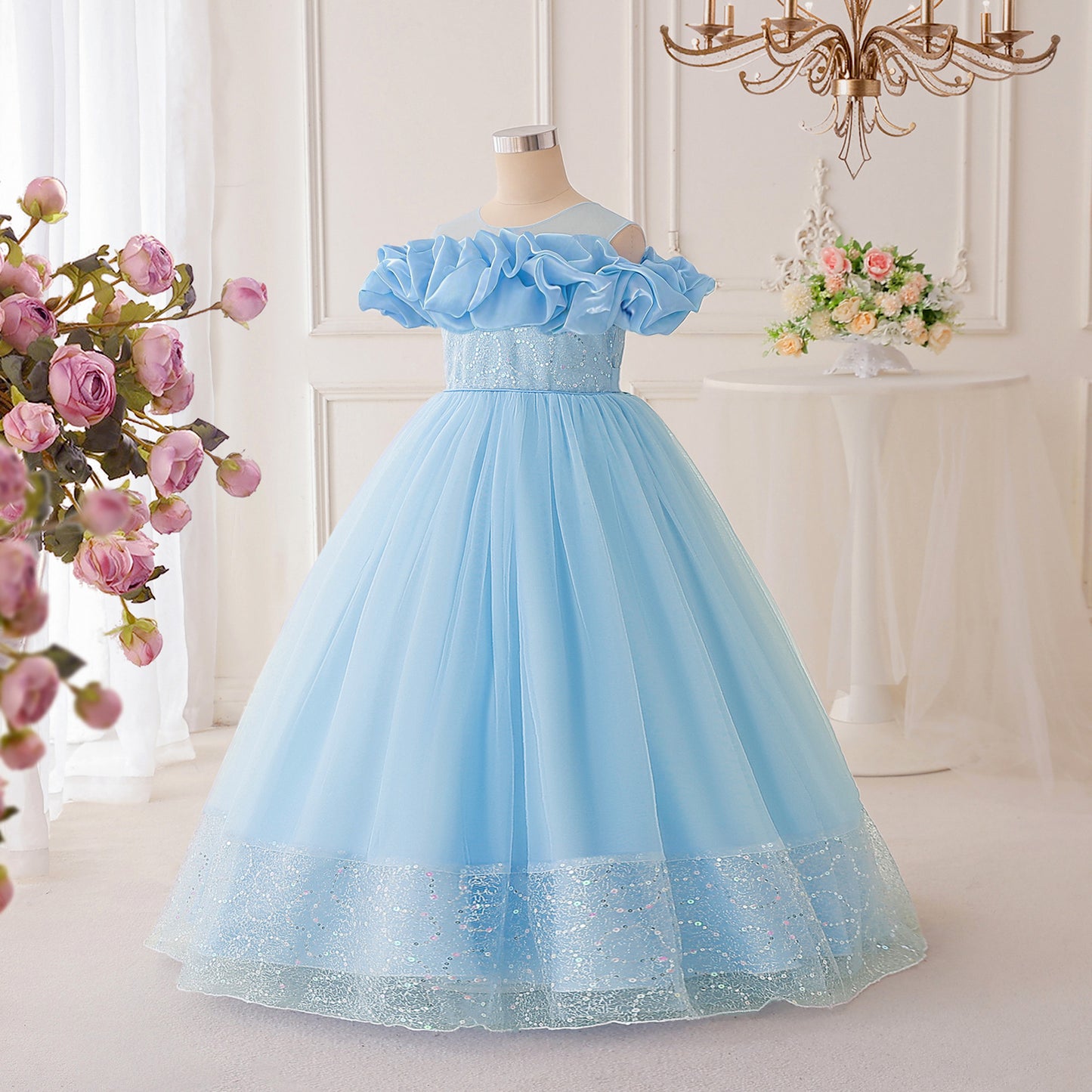 Sparkly Off-Shoulder Tulle Maxi Dress for Girls | Sequined Formal Party Gown