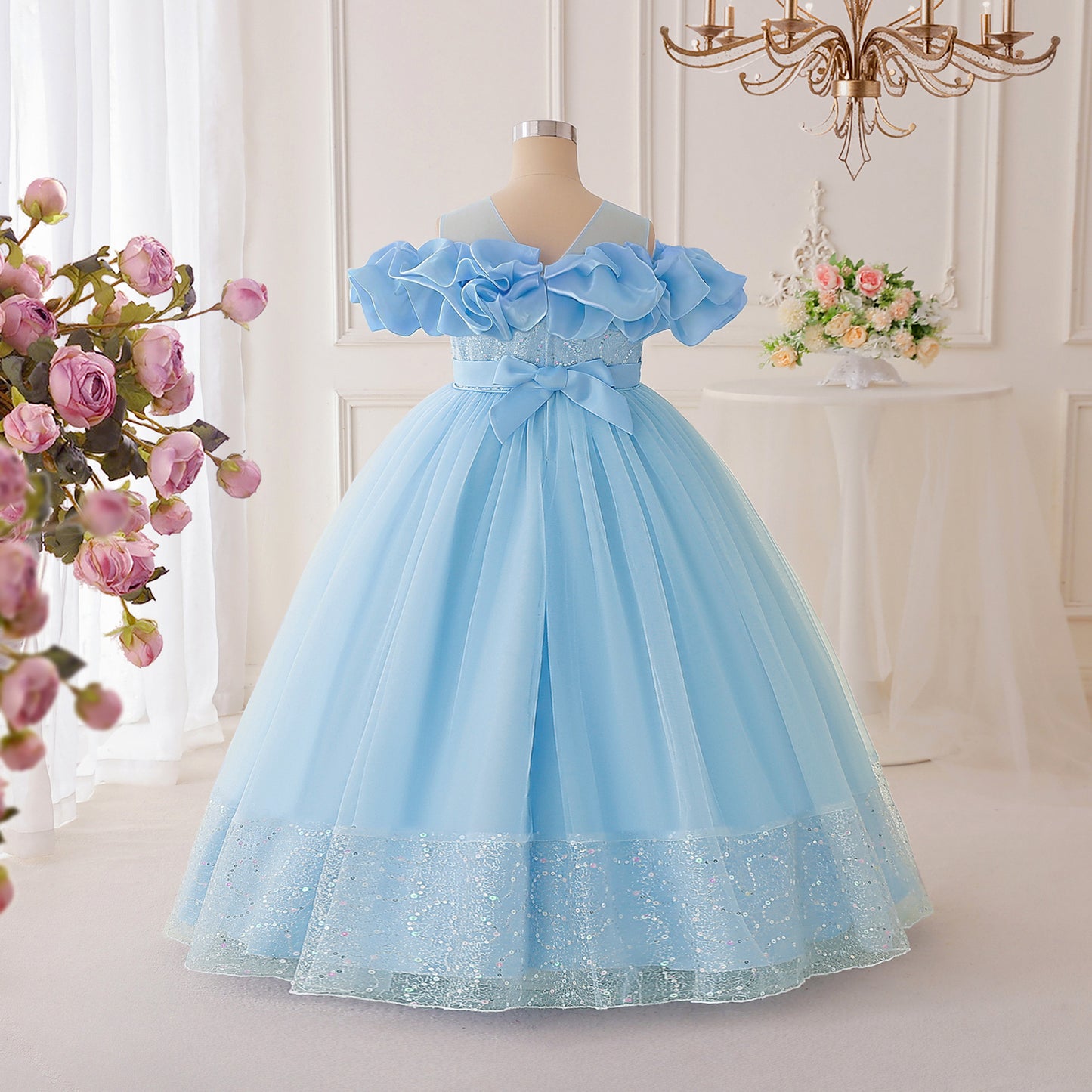 Sparkly Off-Shoulder Tulle Maxi Dress for Girls | Sequined Formal Party Gown