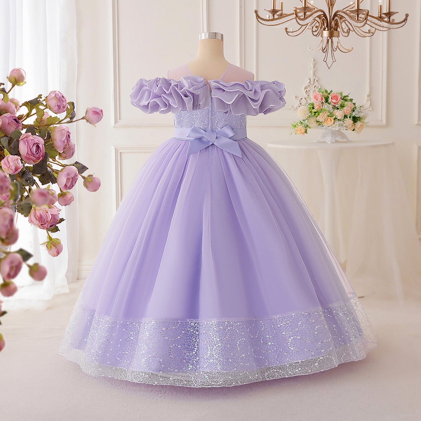 Sparkly Off-Shoulder Tulle Maxi Dress for Girls | Sequined Formal Party Gown