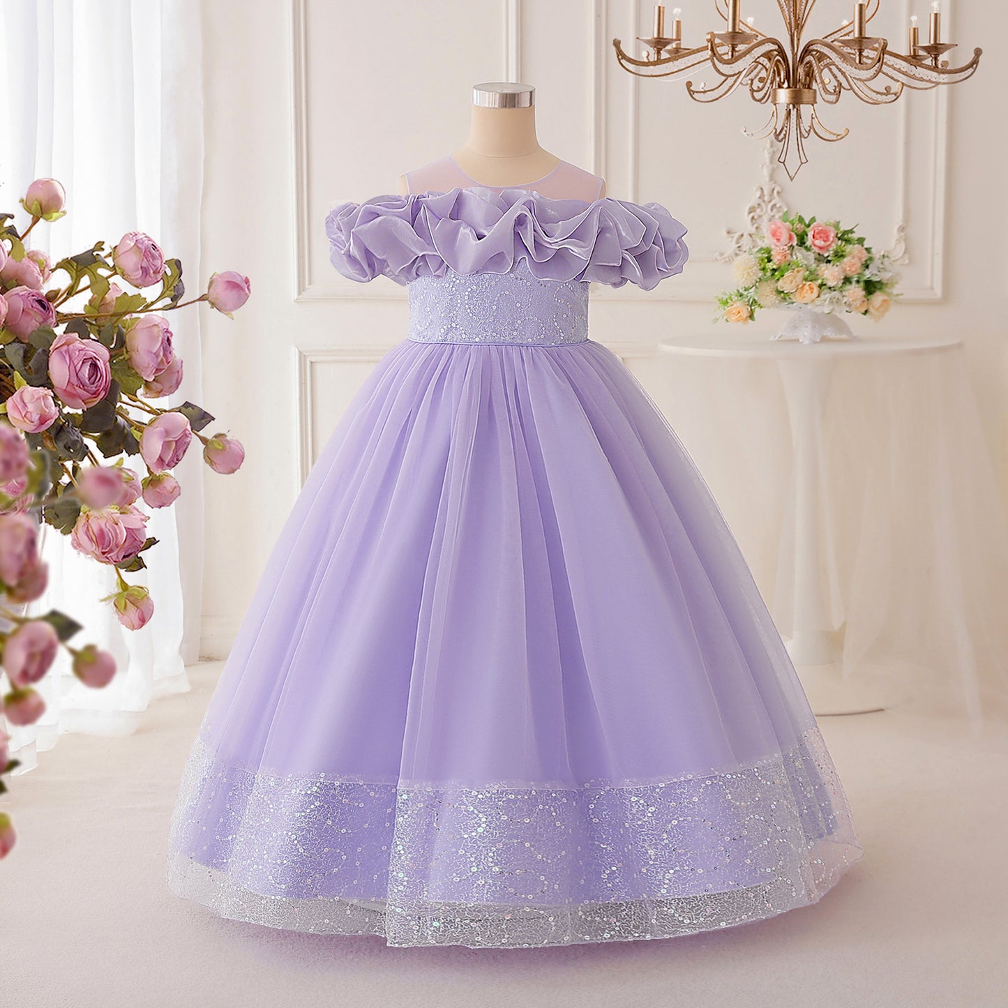 Sparkly Off-Shoulder Tulle Maxi Dress for Girls | Sequined Formal Party Gown