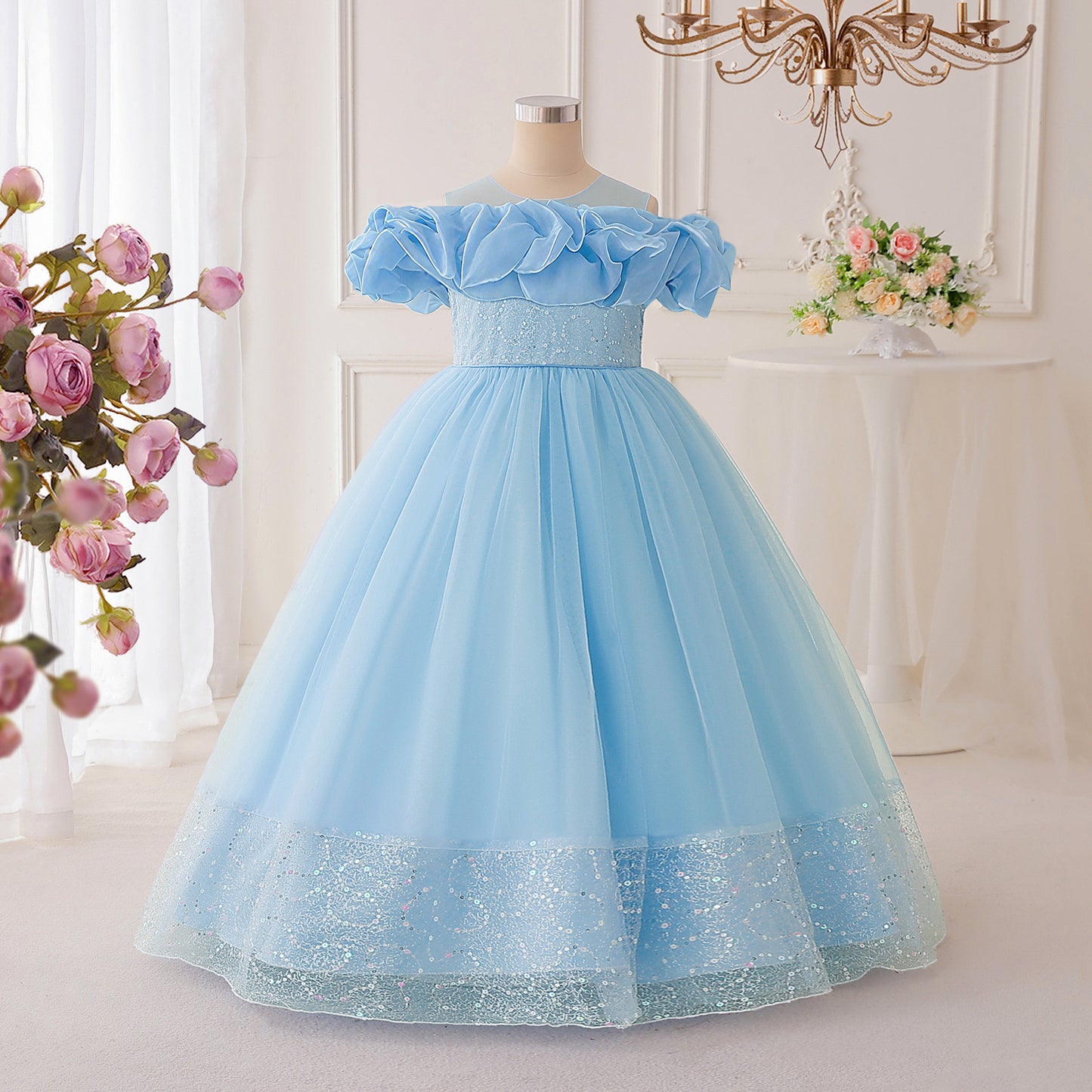 Sparkly Off-Shoulder Tulle Maxi Dress for Girls | Sequined Formal Party Gown