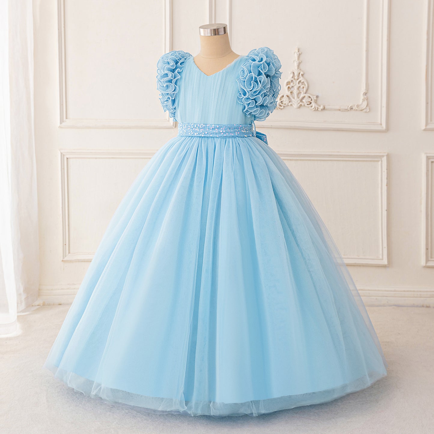 Sparkly Puffy V-Neck Ball Gown for Girls | Floor-Length Princess Dress