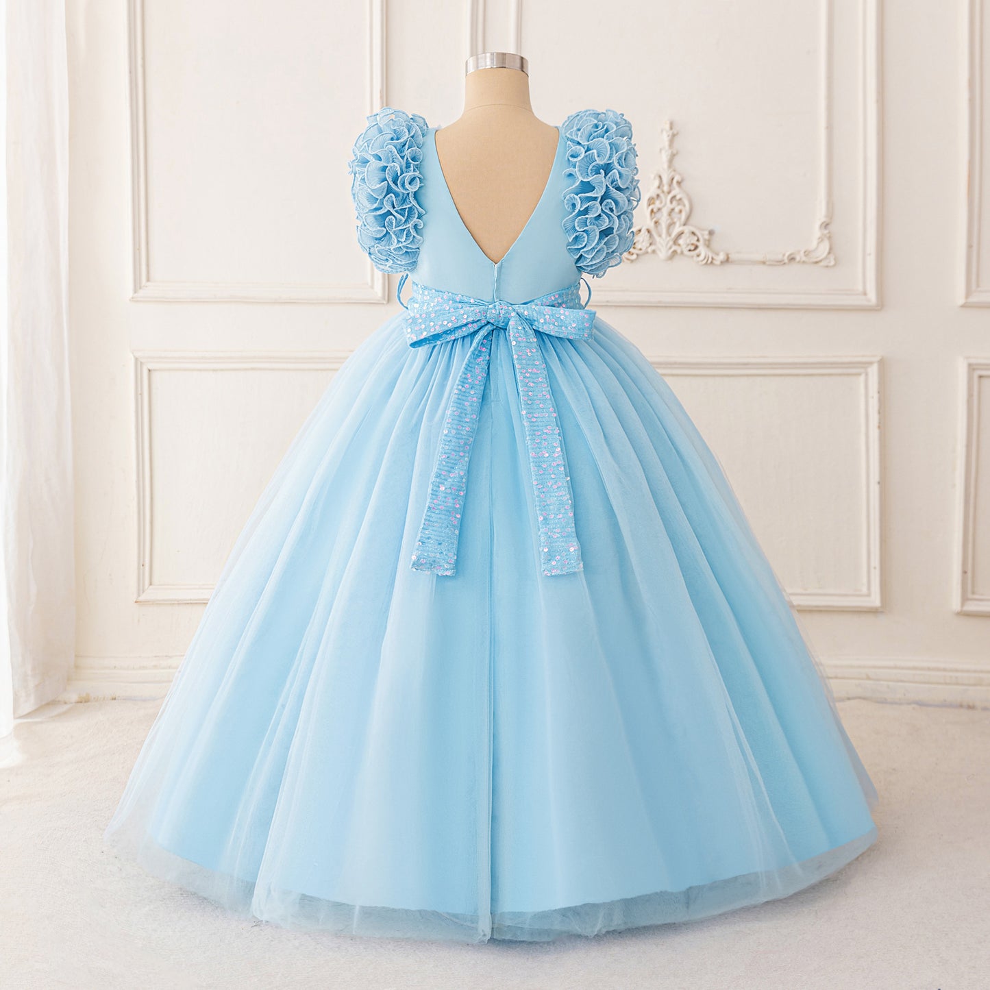 Sparkly Puffy V-Neck Ball Gown for Girls | Floor-Length Princess Dress