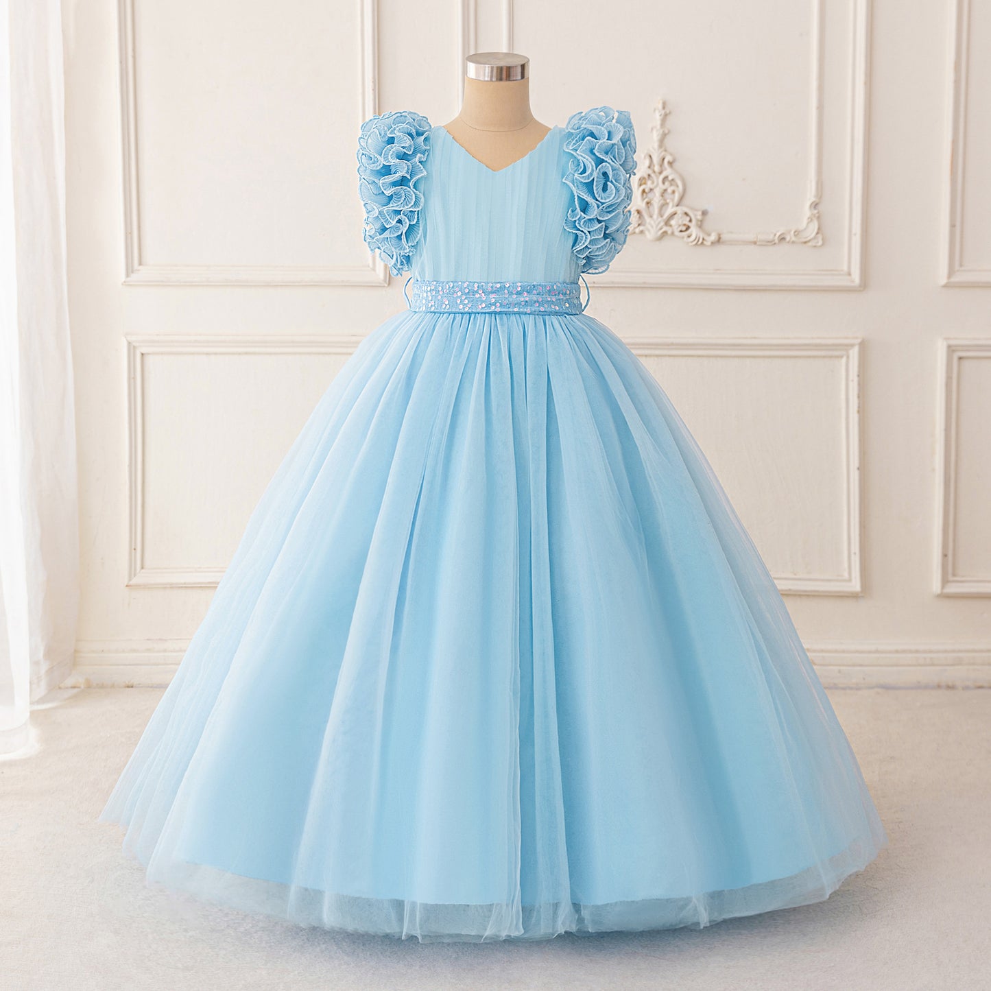 Sparkly Puffy V-Neck Ball Gown for Girls | Floor-Length Princess Dress